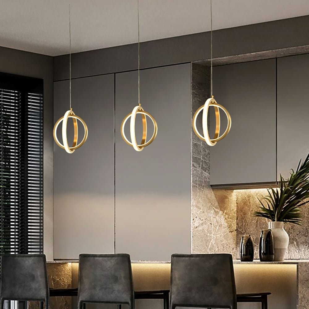Złota geometryczna lampa wisząca 2-ring LED w mosiądzu