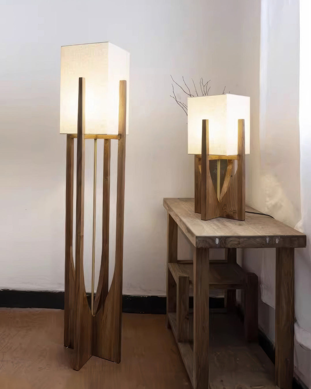Japońska stylowa lampa podłogowa z orzecha, prosta lampa z litego drewna