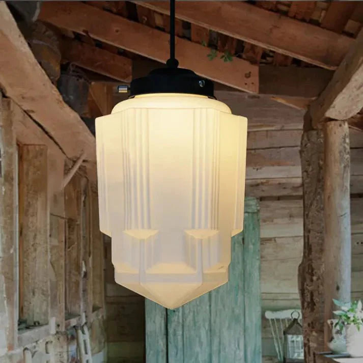 Vintage biała mleczna szklana geometryczna lampa wisząca