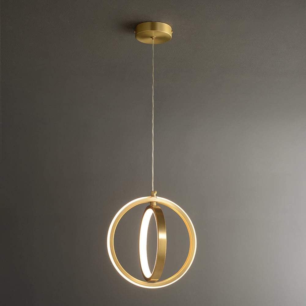 Złota geometryczna lampa wisząca 2-ring LED w mosiądzu