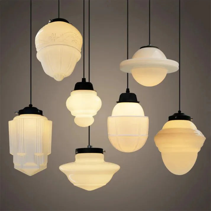 Vintage biała mleczna szklana geometryczna lampa wisząca