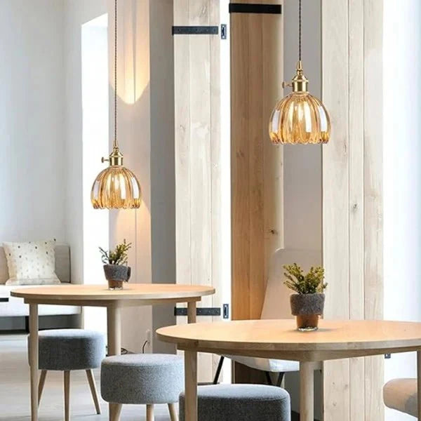 Japońska Retro Szklana Lampa Wisząca w Kształcie Kwiatu
