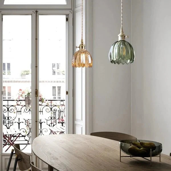 Japońska Retro Szklana Lampa Wisząca w Kształcie Kwiatu