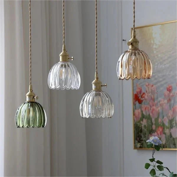 Japońska Retro Szklana Lampa Wisząca w Kształcie Kwiatu