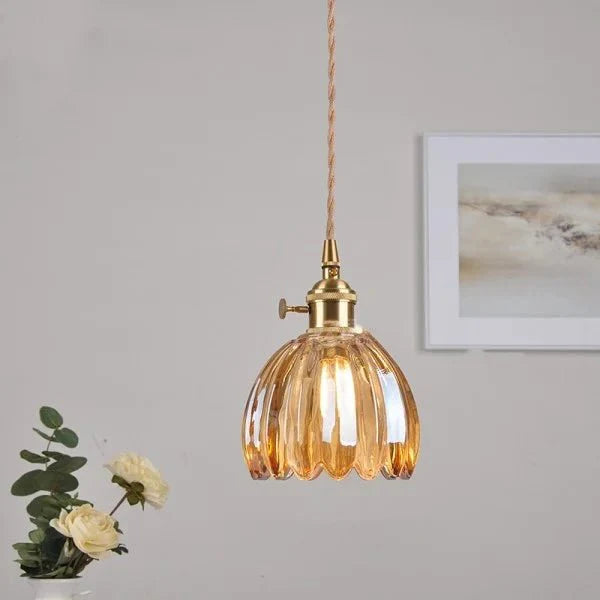 Japońska Retro Szklana Lampa Wisząca w Kształcie Kwiatu